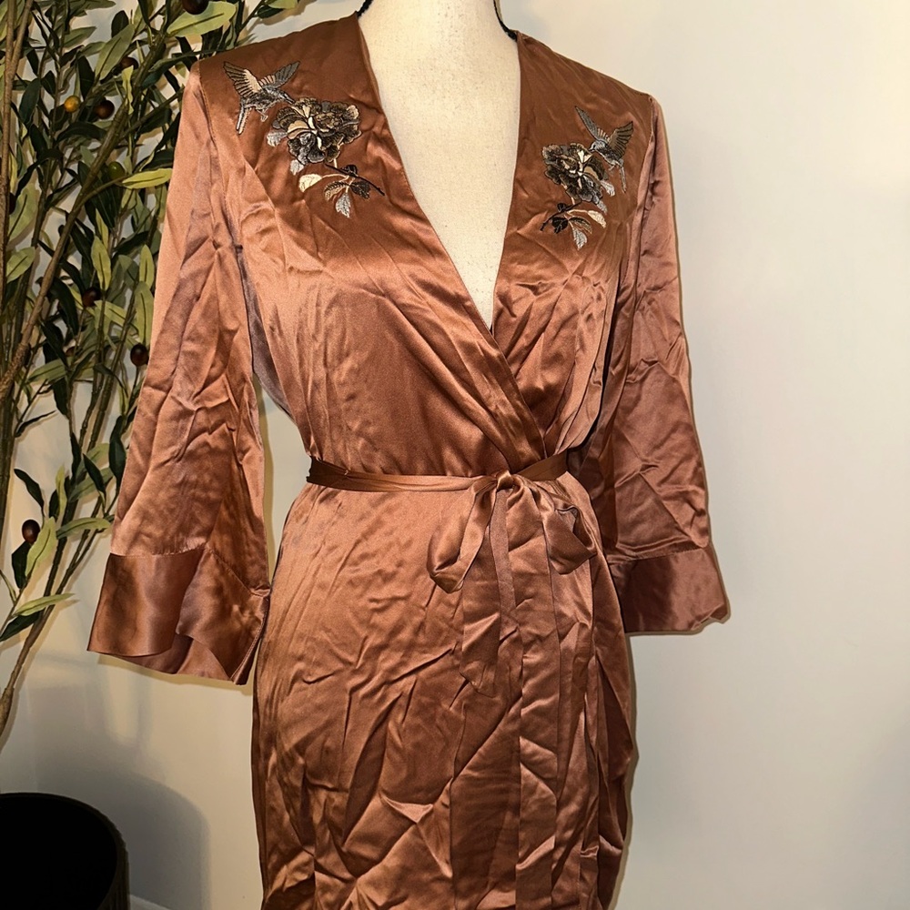 Reformation Brown Satin Kimono Robe Bird Flower Print Size S | Luxe Coverup
